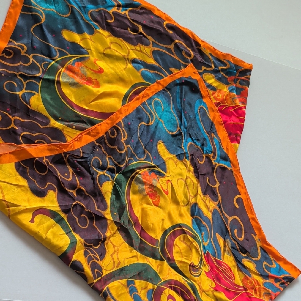 Vibrant Multicolor Silk Scarf - Bold Orange Trim